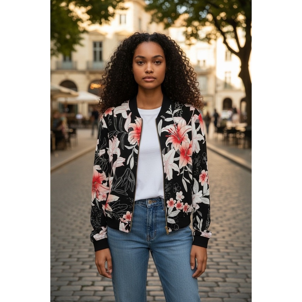 IMAN Global Chic Floral Bomber Jacket Black Red Tropical Lily Print‎ Size XL NWT